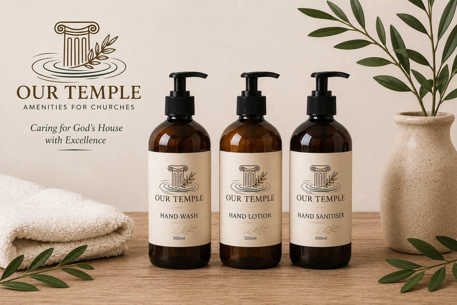 Our Temple hand wash, hand lotion and hand sanitiser in amber bottles
