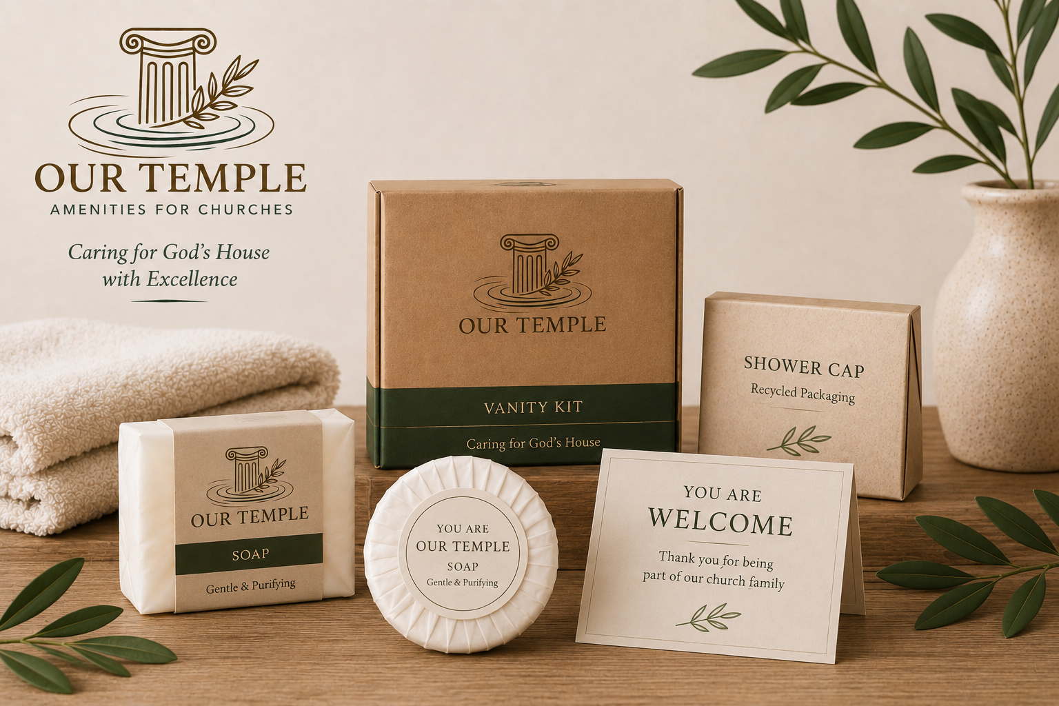 Our Temple vanity kit, soap and welcome card